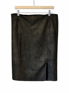 Lafayette 148 New York Olive Gold Metallic Leather Pencil Skirt 14 Lined Slit